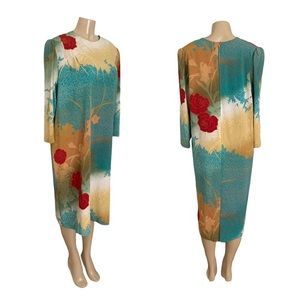 Vintage Artistic Teal Dress with Red Flowers